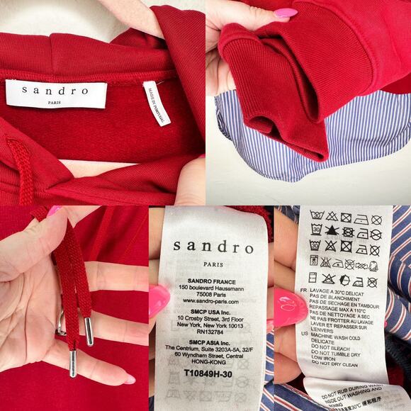 Sandro Two in One Red Blue Twofer Hooded Sweatshirt Tunic Hoodie Top 4 Small - Picture 12 of 16